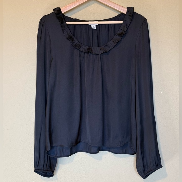 J. Crew Black Ruffle Long Sleeve Flowy Satin Blouse Size Large - Picture 2 of 8